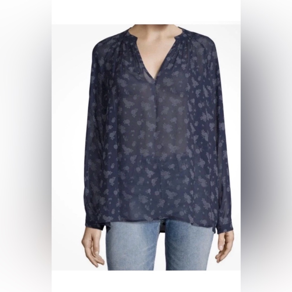 Vince.  Blue Calico Silk Floral Blouse Sheer Ethereal Chic Long Sleeve Sz s